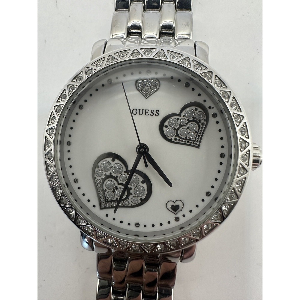 Guess Ladies Crystal Hearts New Battery 36MM 7" Stainless Steel Watch G86112L V